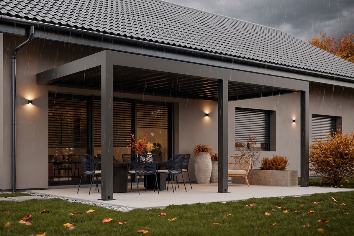 Pergola ke zdi domu LAMELINO LITE WALL s pevnou střechou